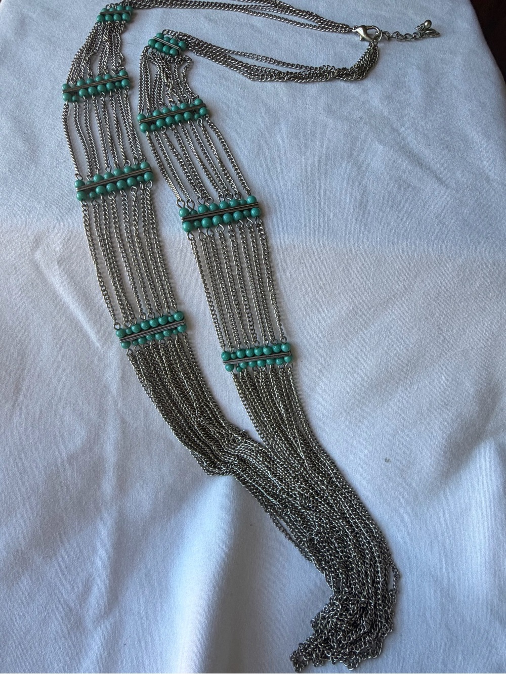Long Silver Tone Multi Strand Chain Necklace Turquoise Bead Boho Statement - Picture 6 of 9